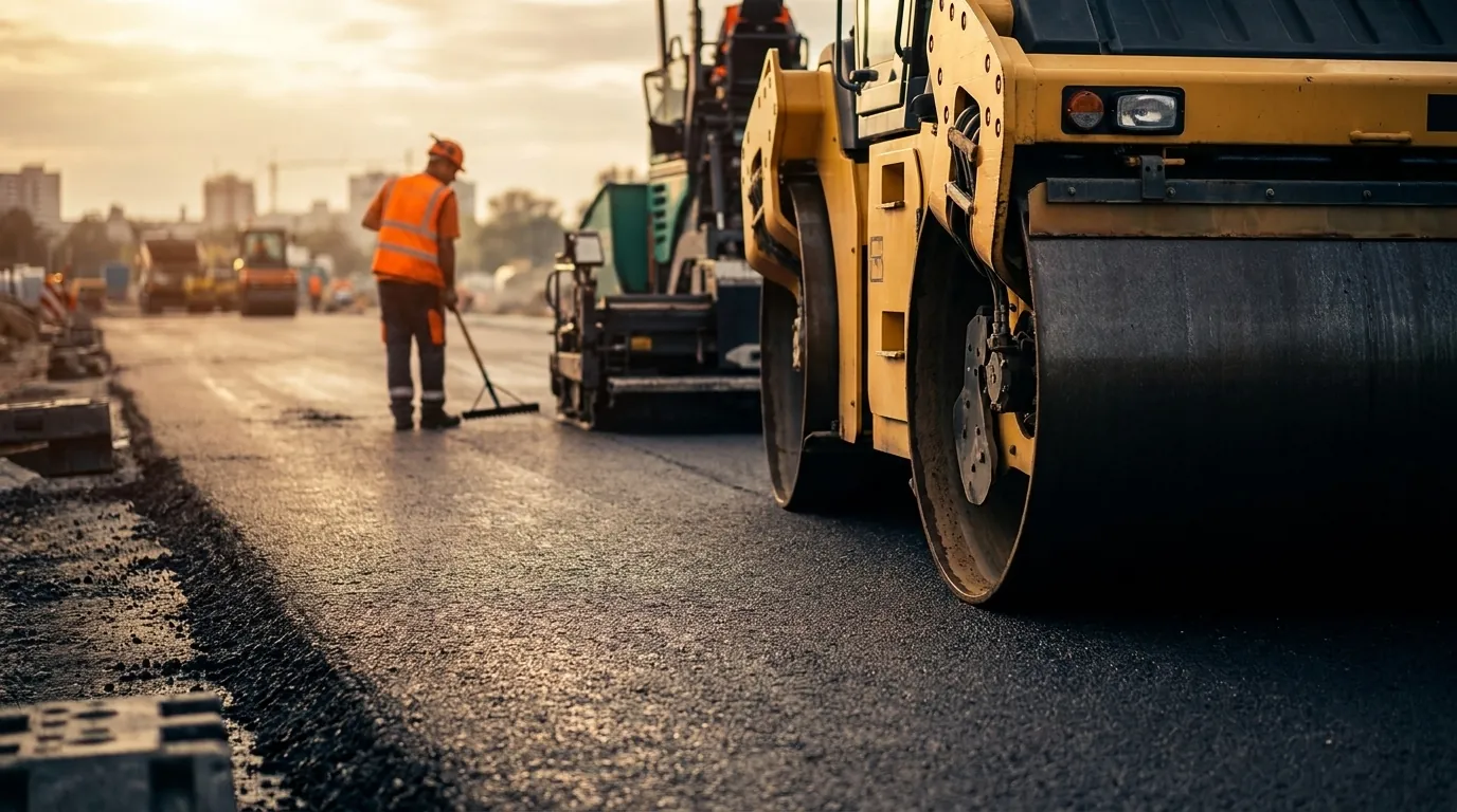 A paving crew rolling fresh asphalt at golden hour, a worker with a lute rake in the distance