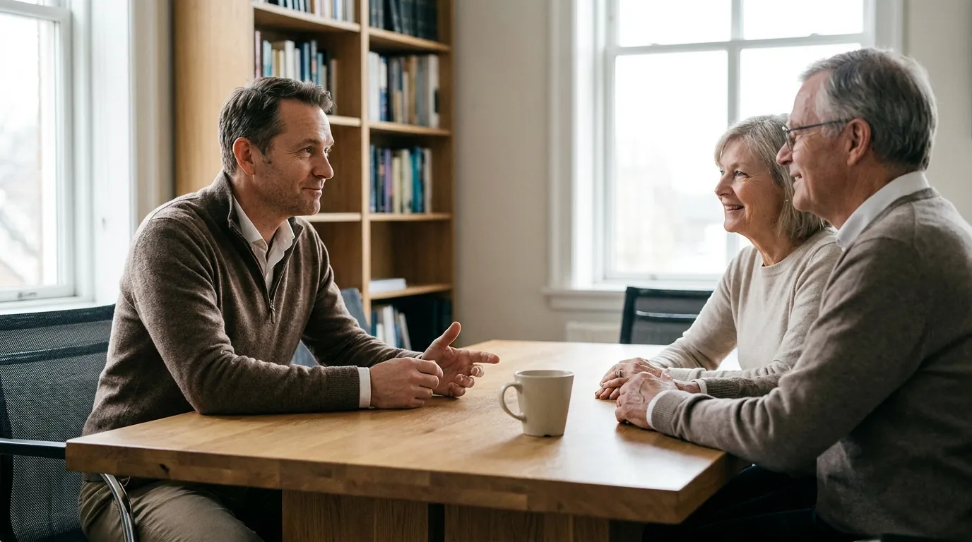 A financial advisor meeting with a couple at a warm, sunlit table