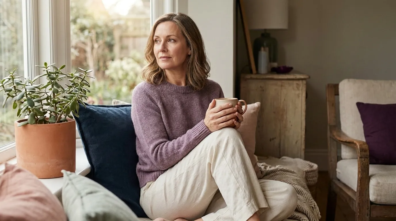 A woman in her forties with a mug of tea, sitting by a window
